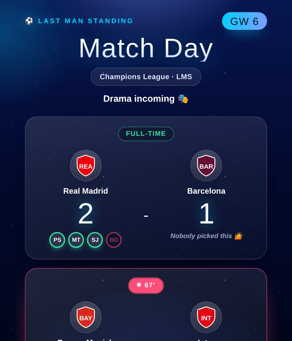 Last Man Standing Match Day in Champions League colours